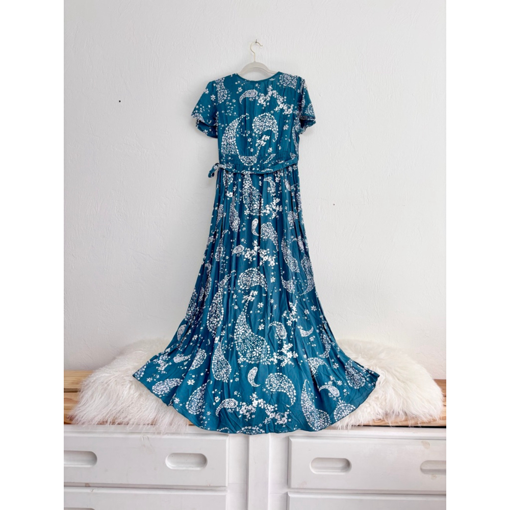 Women's Patrons of Peace Teal White Paisley Maxi Dress S Rayon - Picture 2 of 11